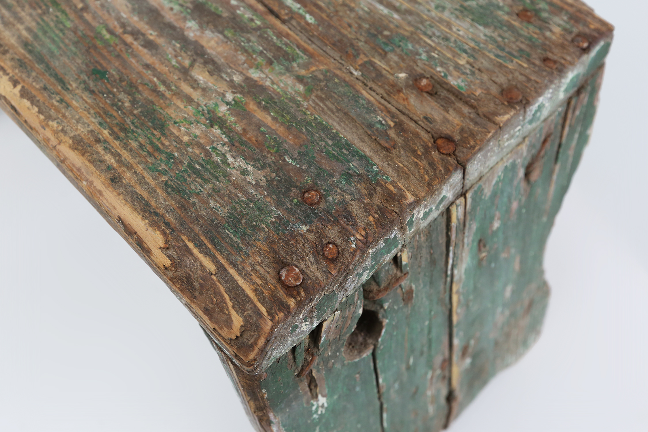 Industrial green wooden stool with nice patina, France 1900thumbnail